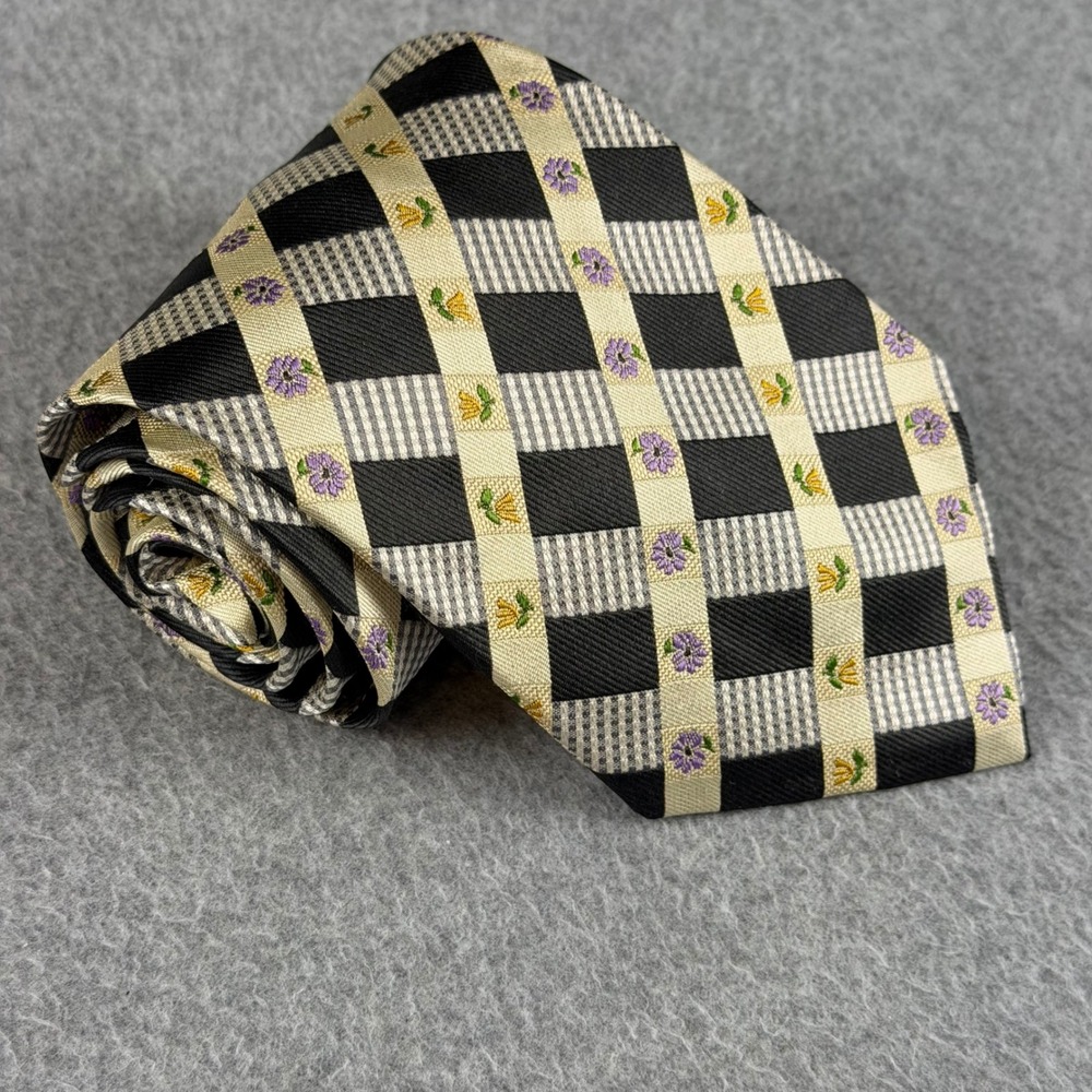 Vintage Kenzo Homme Silk Tie Black White Checker Floral Embroidered 55x3.6 NOTE